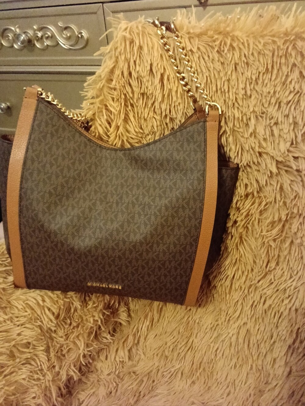 Michael Kors Brown Logo Hobo Shoulder Bag w/Gold Chain NWT